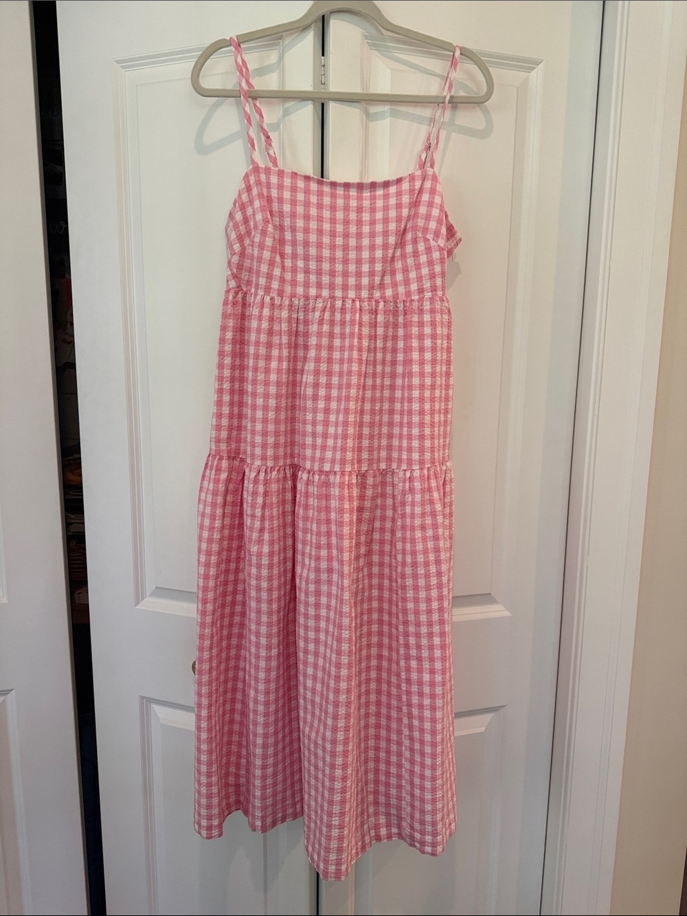 J Crew Pink Gingham Tiered Midi Dress